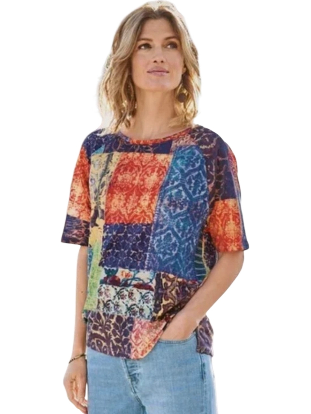 Peruvian Connection Top XS-S Patchwork Tee 100% Cotton Colorful Bohemian Artsy